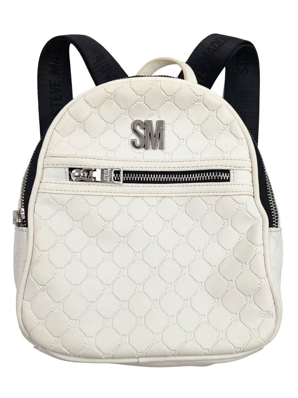 Steve Madden Cream Quilted SM Mini Backpack with Black logo straps